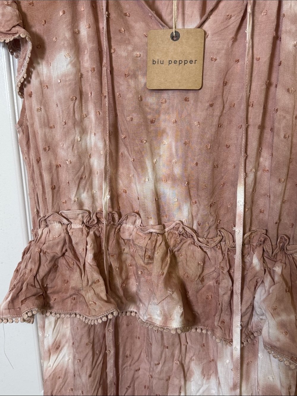 NWT Blu Pepper Tie Dye Swiss Dot Boho Midi Dress Large Pink Ruffle Cottagecore - Picture 8 of 11